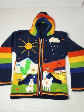 Peruvian Child's Colorful Hand-Knit Hooded Zip Cardigan Animals Rainbow Stripes